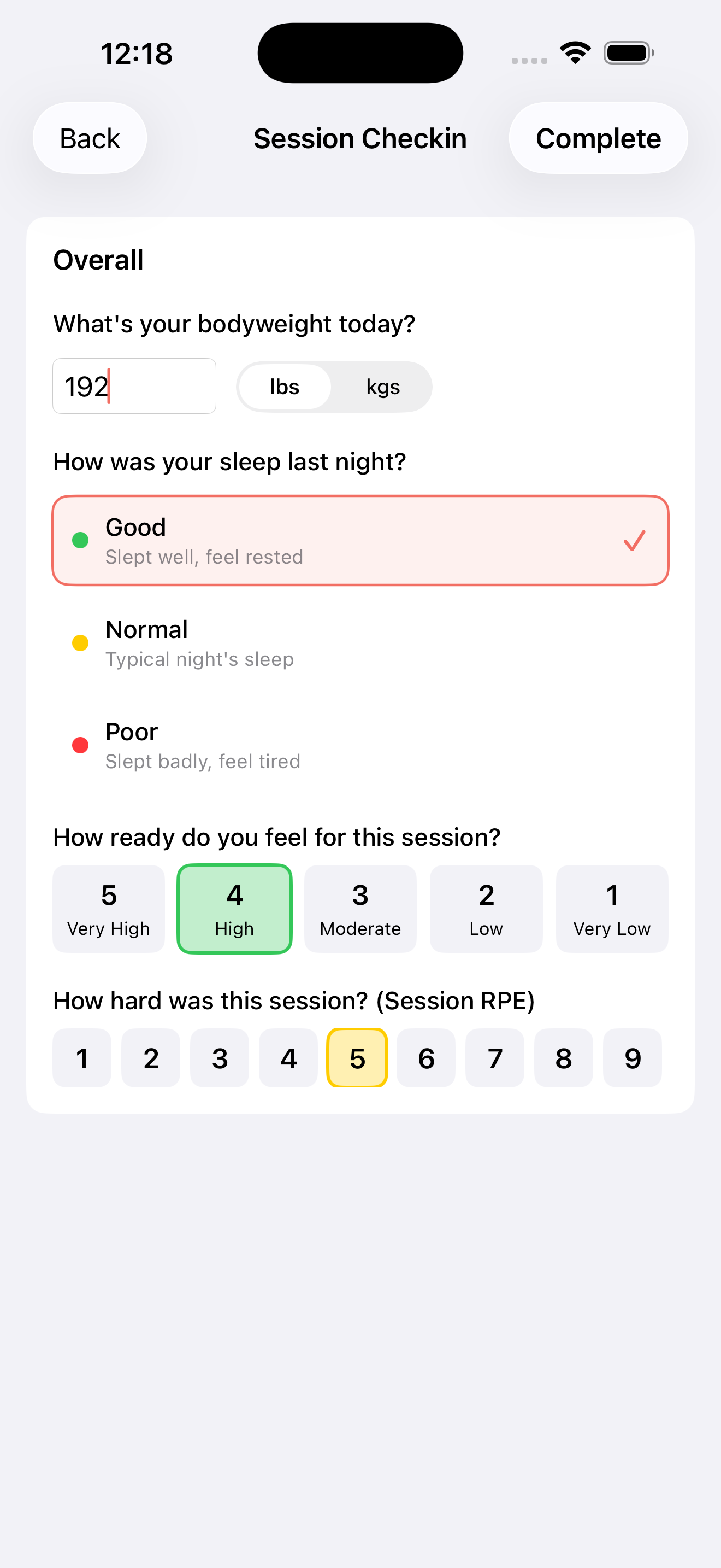 Post-session readiness check-in with sleep and stress ratings