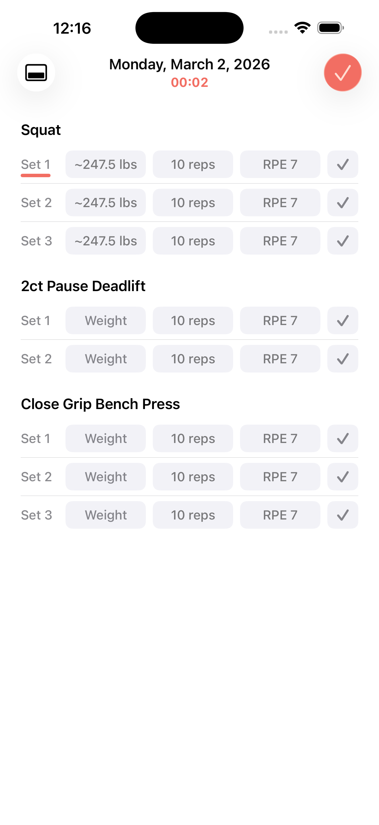 Set logging interface showing weight, reps, and RPE entry