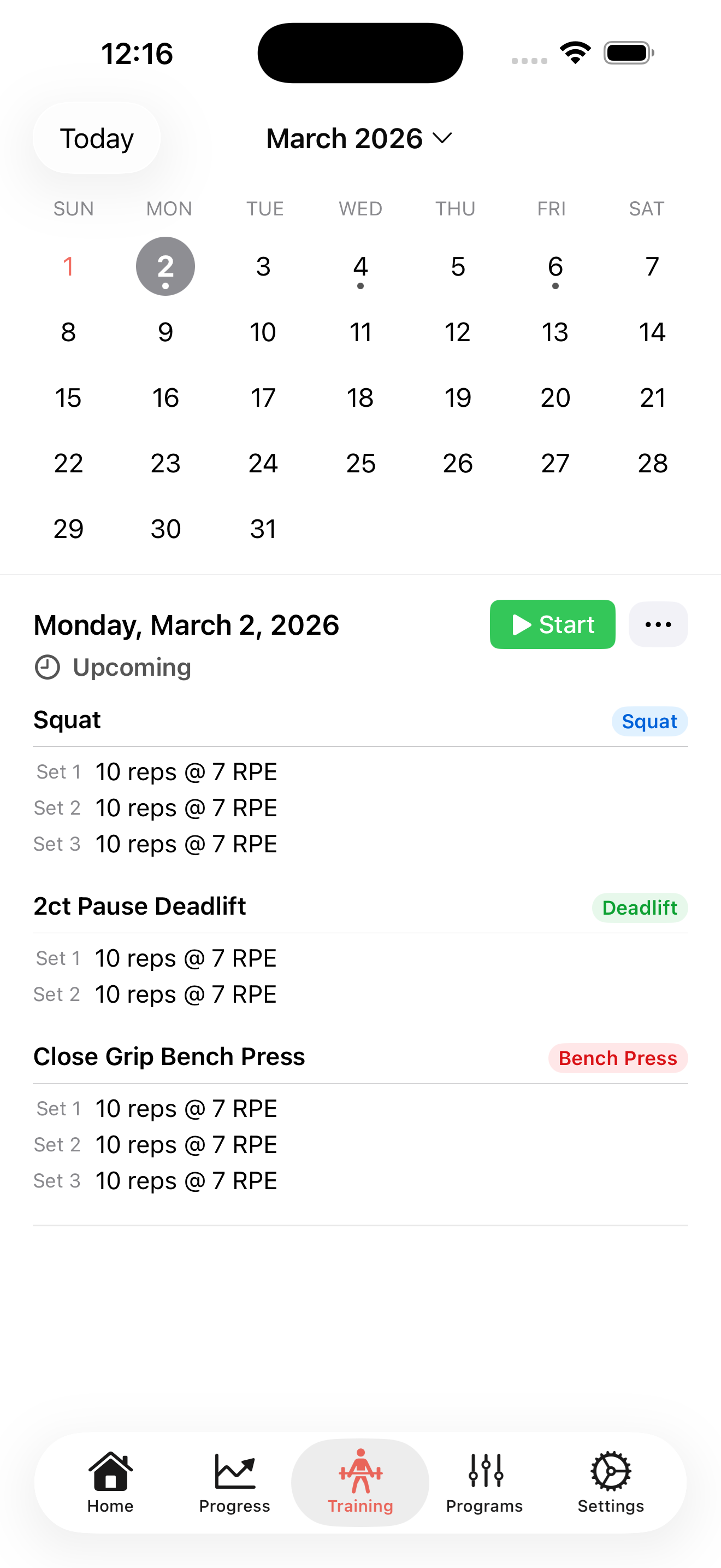 Training calendar with scheduled workouts